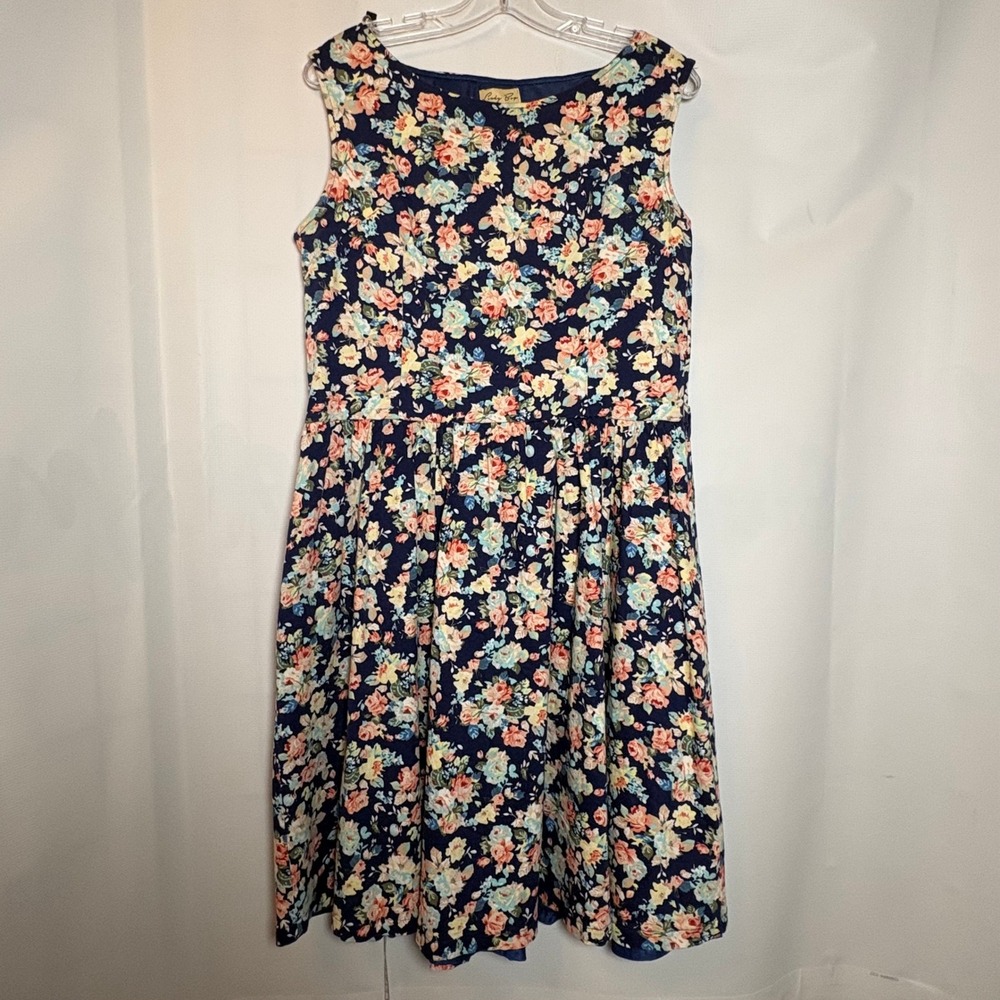 Lindy Bop Navy Floral‎ Sleeveless Midi Dress Womens US 3XL Cotton Blend Cottage
